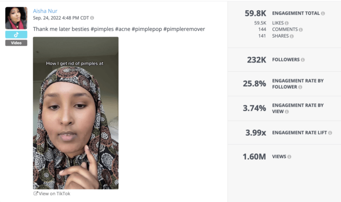 Rival IQ has all the metrics on social media influencer Aisha Nur's top TikTok video including the engagement total, engagement rate by follower, engagement rate by view, and more.