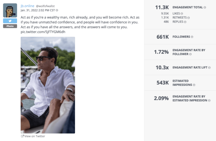 Social media influencer Jordan Belfort's tweet focusing on the principle of manifesting. He writes "act as if you have all the answers, and the answers will come to you."