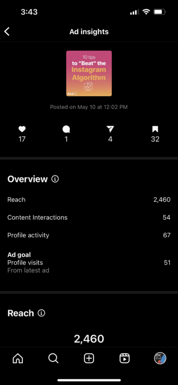 Insights within Instagram's native app viewed by clicking on individual posts shows you the interactions, overview, reach, and other metrics