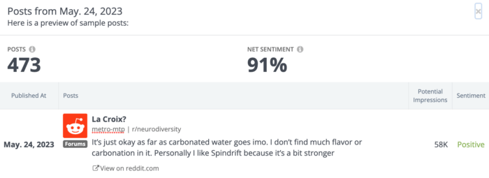 A Reddit post about Spindrift featuring positive sentiment in social listening