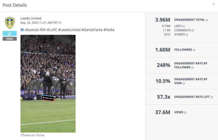 A TikTok video thumbnail showing a crowded sports stadium with players on the field.