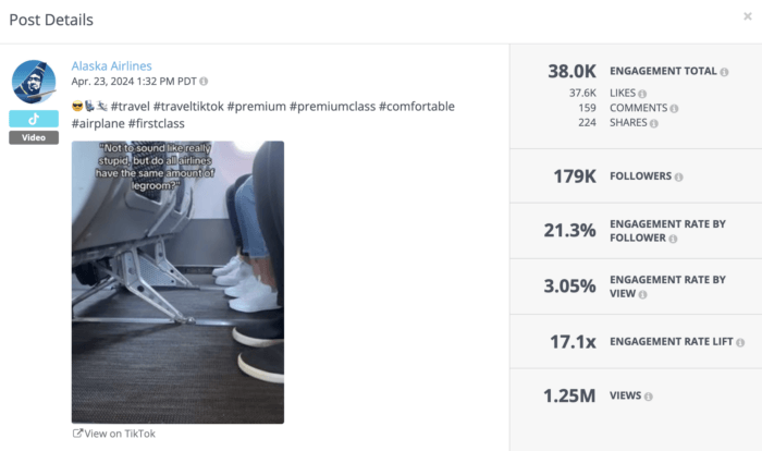 TikTok video thumbnail shows a line of passengers feet drawing attention to the legroom on the airplane