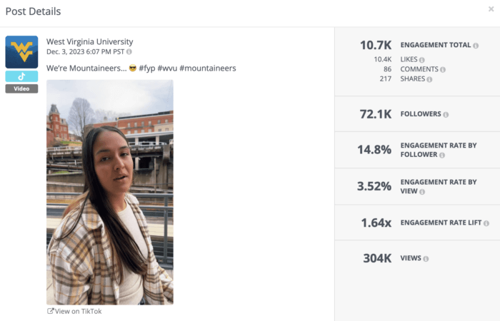 TikTok post by West Virginia University showing a video thumbnail of a person outdoors on campus with engagement metrics displayed