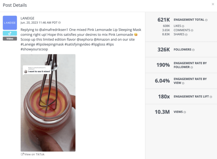 Laneige's TikTok video thumbnail of a whisk in a jar of the brand's Pink Lemonade sleeping mask.