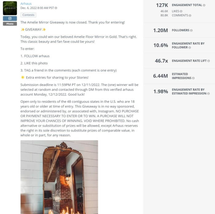 This highly engaging giveaway post from Arhaus featuring a gold mirror received a whopping 80K comments and over 46K likes as seen in Rival IQ's social posts analysis.