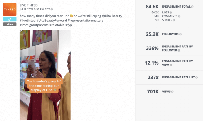 An analysis of a TikTok video shared by beauty brand Live Tinted. The video included a brand mention which helped boost its TikTok engagement rate.