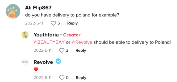 Comments under a Youthforia TikTok video show that the brand interacts with its audience, which helps boost its TikTok engagement rate.