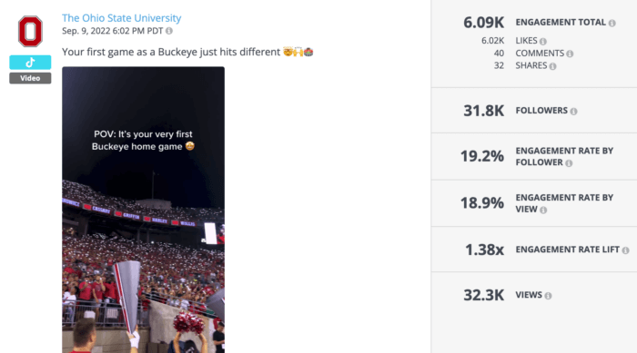 TikTok video from The Ohio State University featuring a POV from a football game is an example of great higher education social media