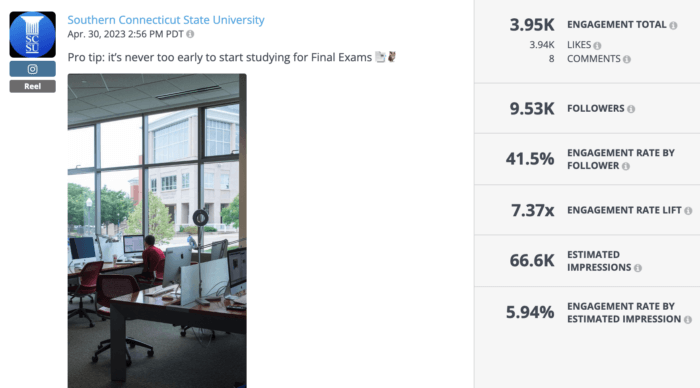 Instagram Reel from Southern Connecticut State University featuring students studying in the library is an example of great higher education social media