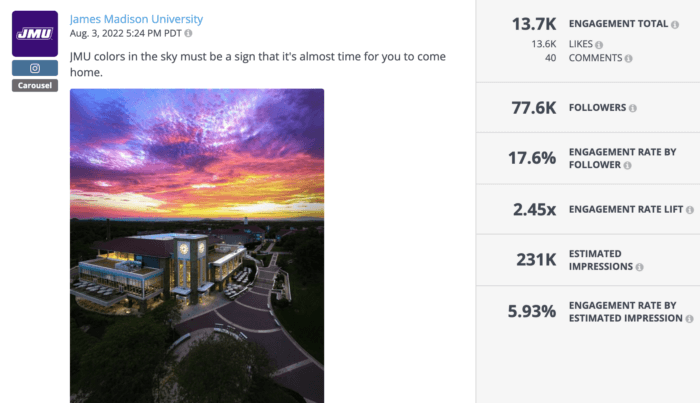 Campus glamour shot from James Madison University is an example of great higher education social media