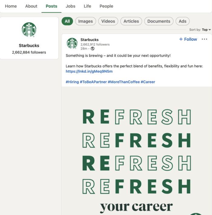 Starbucks' LinkedIn post emphasizing the upcoming career opportunities.