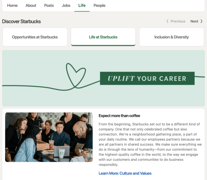 The Life section on Starbucks' shines a spotlight on employee career advancement opportunities.