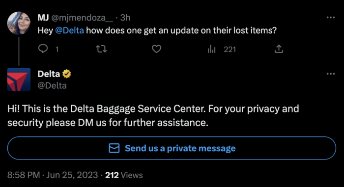 Delta responds to a consumer query about lost luggage by monitoring its mentions online and jumping in to provide customer support.