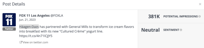 Sentiment analysis in Rival IQ for this post from Fox11 which plainly states Haagen Dazs' partnership with General Mills and the brands expansion in the cereal market has a Neutral sentiment.