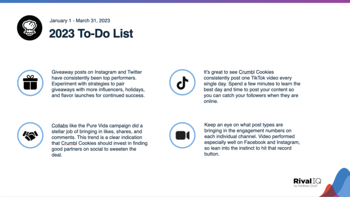 The action plan slide from Crumbl Cookie's social media audit.