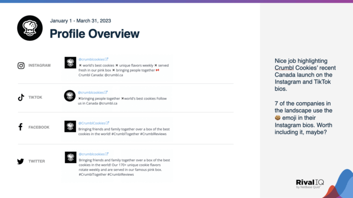 The profile overview slide from Crumbl Cookie's social media audit. 