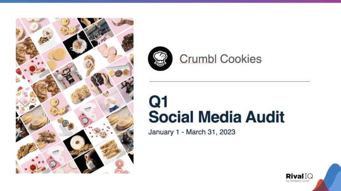 The introduction slide from Crumbl Cookie's social media audit that says "Q1 Social Media Audit" with the dates January 1-March 31, 2023 underneath.