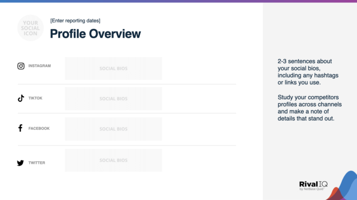 A slide from Rival IQ's social media audit template titled "Profile Overview." 