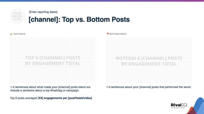 A slide from Rival IQ's social media audit template that prompts you to identify the top and bottom posts on your social channel.