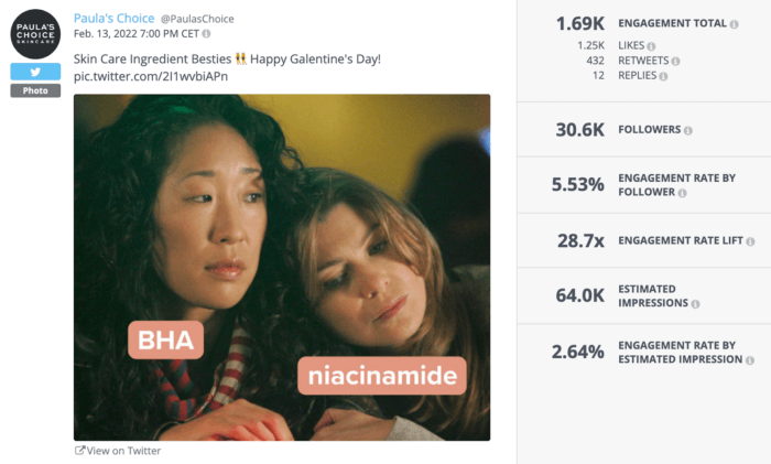 Paula'sChoice's tweet on Valentine's day includes an image of two female characters from the tv show Grays Anatomy with the skincare product labels BHA and Niacinamide with the apt caption Happy Galentines Day