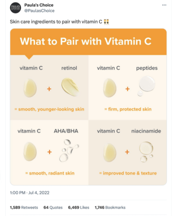 The infographic accompanying this tweet from Paula's Choice makes it very easy to understand what to combine with vitamin C for different results.