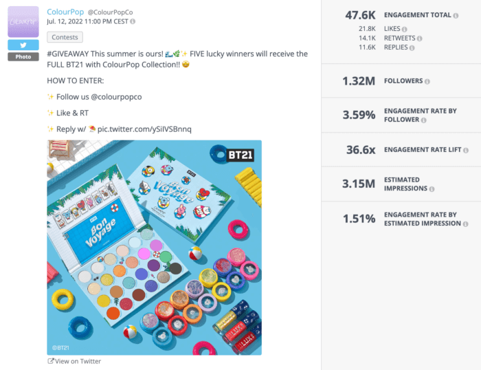 Colourpop's tweet announces a giveaway of their products in collaboration with BT21. The picture accompanying the tweet displays the colorful collection that is up for grabs.