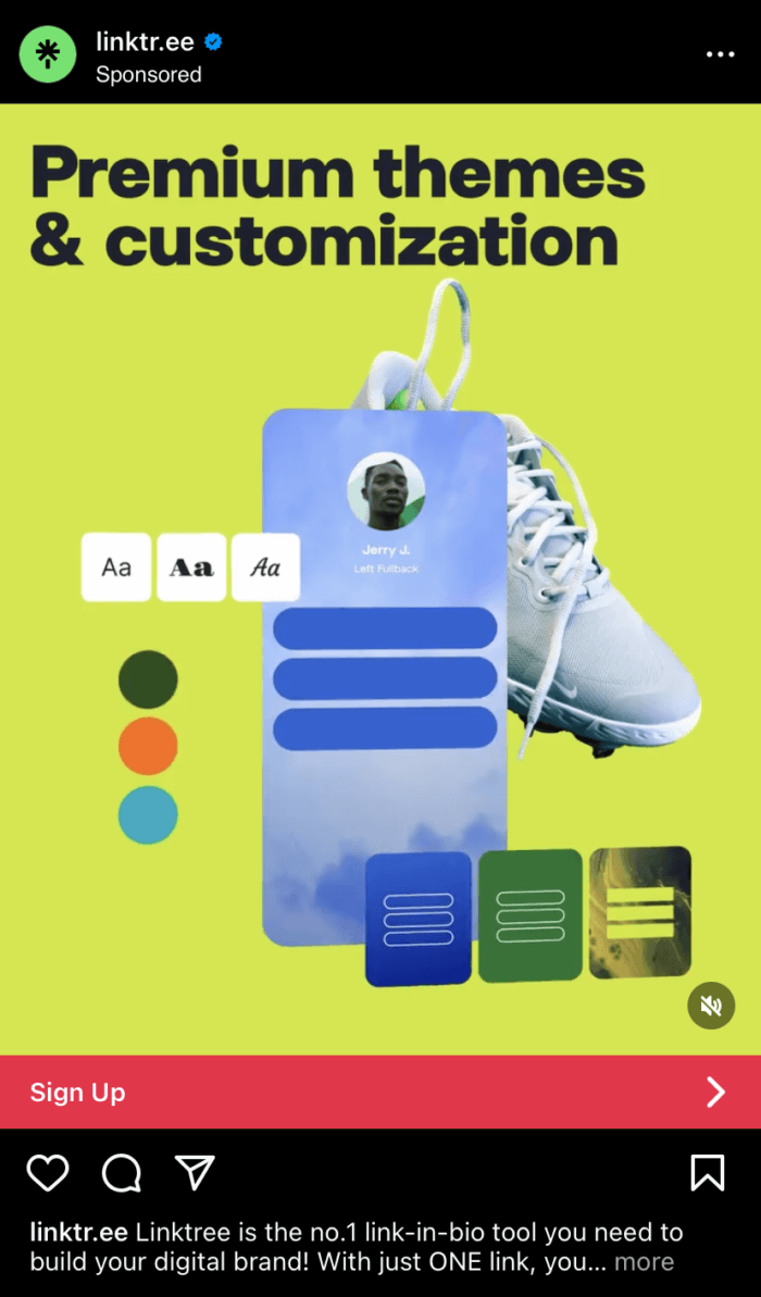 A video Instagram ad from Linktree that features colorful animated elements to demonstrate it's premium themes and customization.