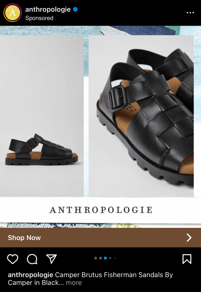 Another slide in Anthropologie's Instagram carousel ad which features a pair of leather sandals.