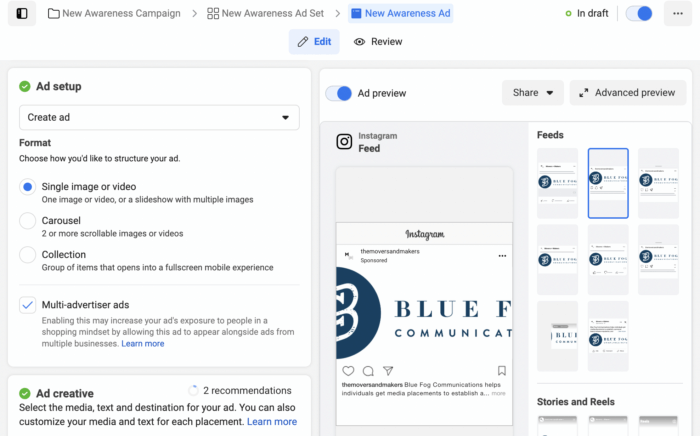The final ad setup details are choosing your Instagram ads format and placement, whether that's in the feed, Stories, or as a carousel.