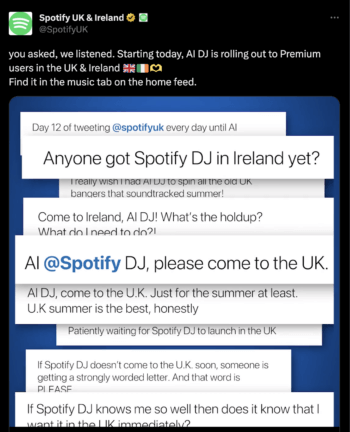 Spotify's response to followers asking for an AI DJ contains screenshots of users asking for this feature.