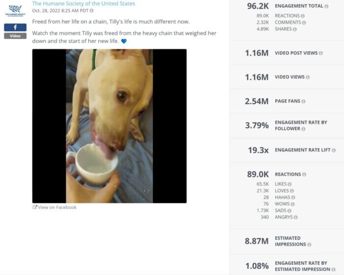 Top nonprofit on Facebook, The Humane Society's touching video of the moment Tilly was freed from a heavy chain that tied her down received over 89K reactions and 8.87M estimated impressions as reported by Rival IQ's social post analysis panel.