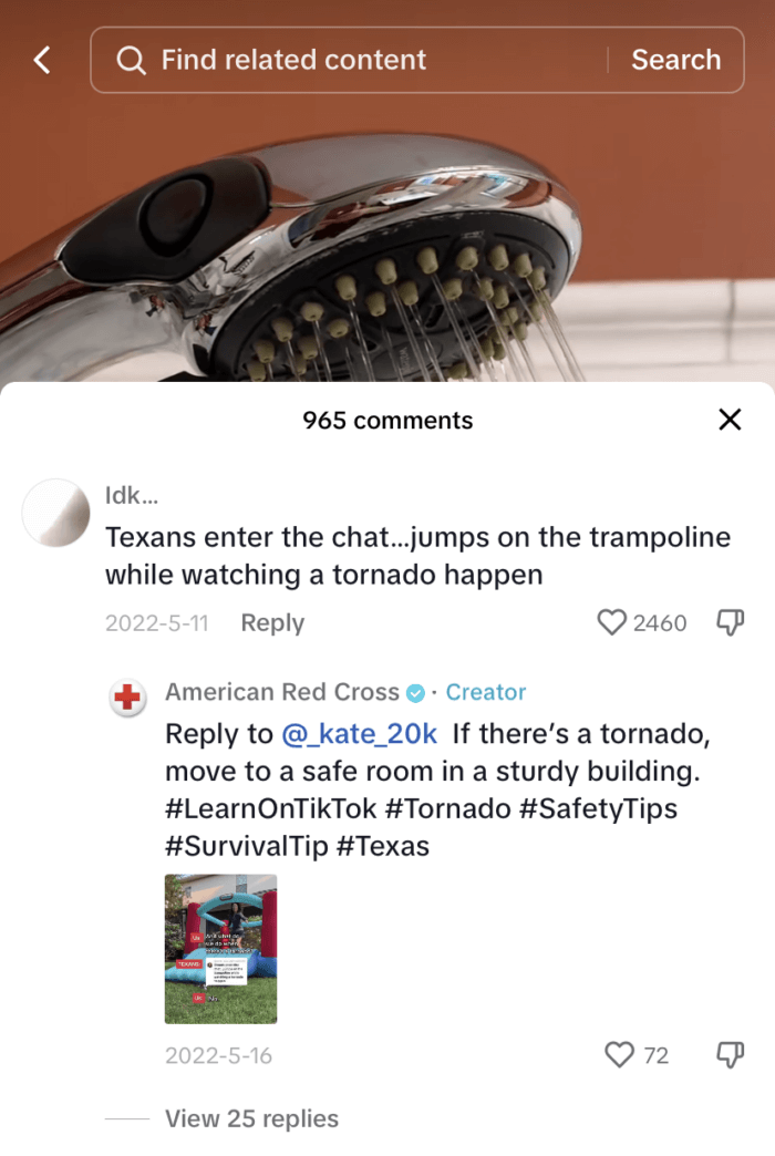 The comment section underneath one of the Red Cross' TikTok videos. The Red Cross regularly replies back to followers which helps make it one of the top nonprofits on TikTok.