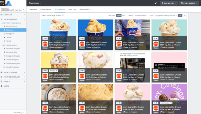 Jeni's Splendid Ice Creams' top Facebook posts sorted by engagement rate by follower as seen in Rival Iq's grid view