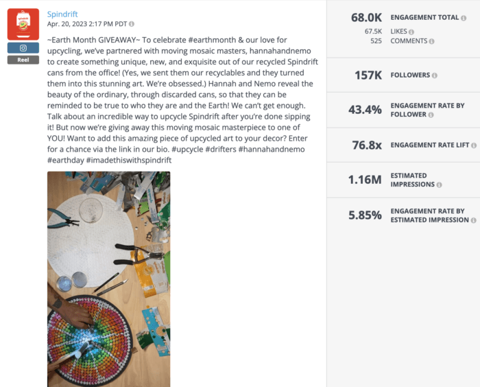 Giveaway Reel from Spindrift featuring an upcycled mosaic performed well on healthy food brand social media 