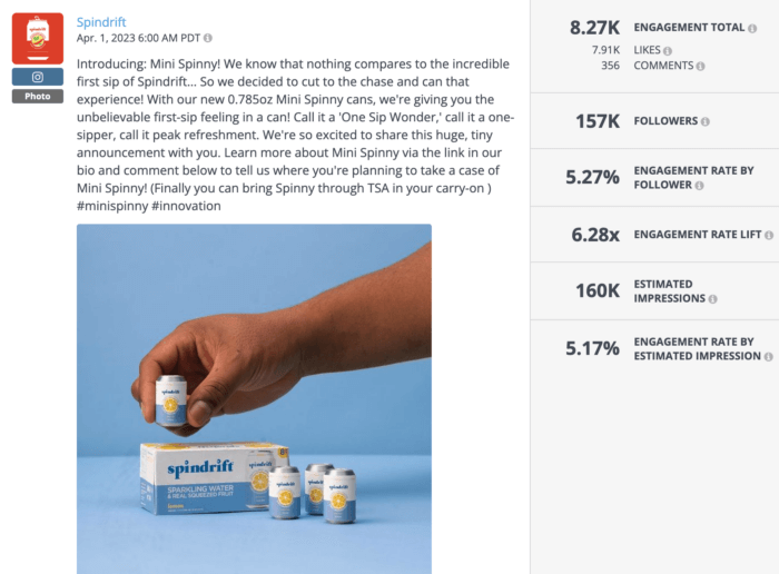 April Fools' Day Instagram photo from Spindrift performed well on healthy food brand social media this year