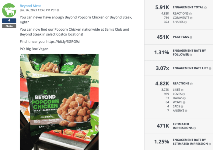 Product shots of Beyond Meat's popcorn chicken in a Facebook photo