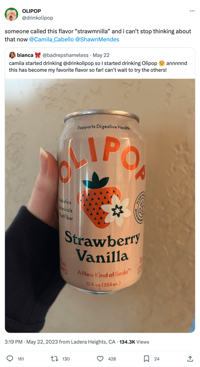 Retweet from OLIPOP featuring a can of their strawberry vanilla soda performed well for healthy food brands on social media this year