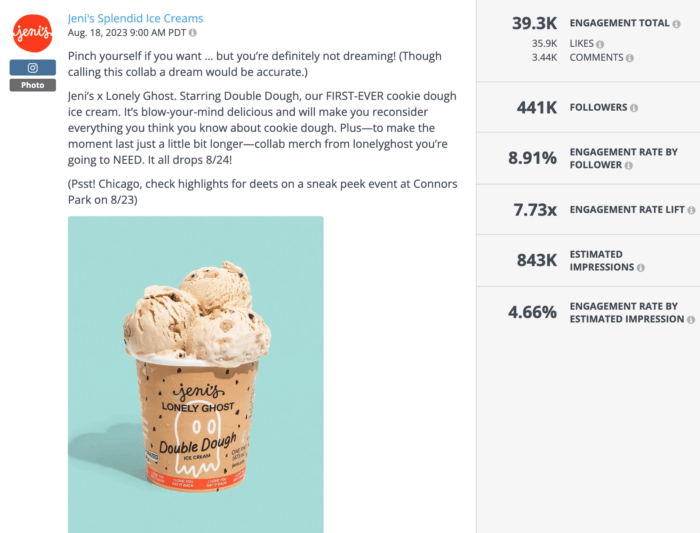 Instagram photo from Jeni's featuring their Lonely Ghost collab flavor is a great example of healthy food brands on social media