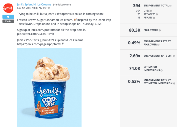 Twitter photo featuring Jeni's collab with Pop Tarts is a strong example of healthy food brands on social media