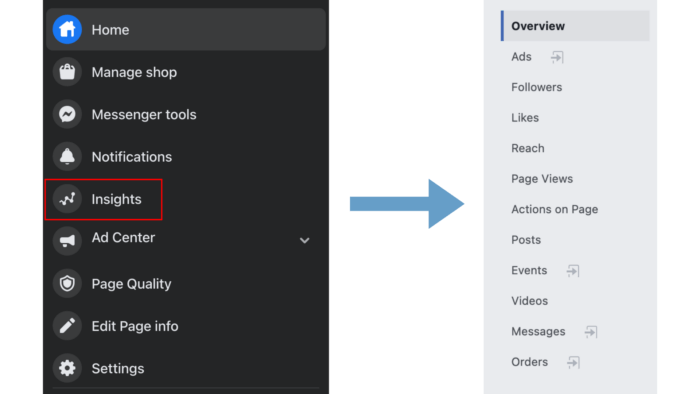 Clicking into the Insights tab on the left sidebar opens up a panel with the Overview and all the Facebook metrics you'll need.