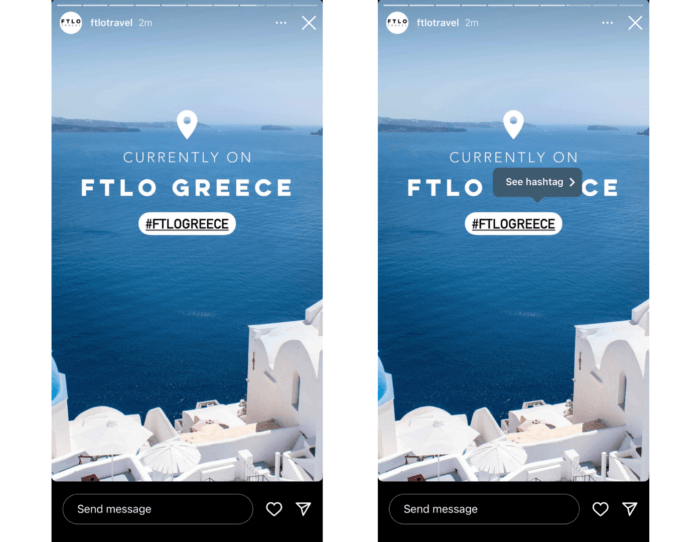 Instagram Story consists of a location sticker and the hashtag #ftlogreece against a stunning image of the Greek coastline