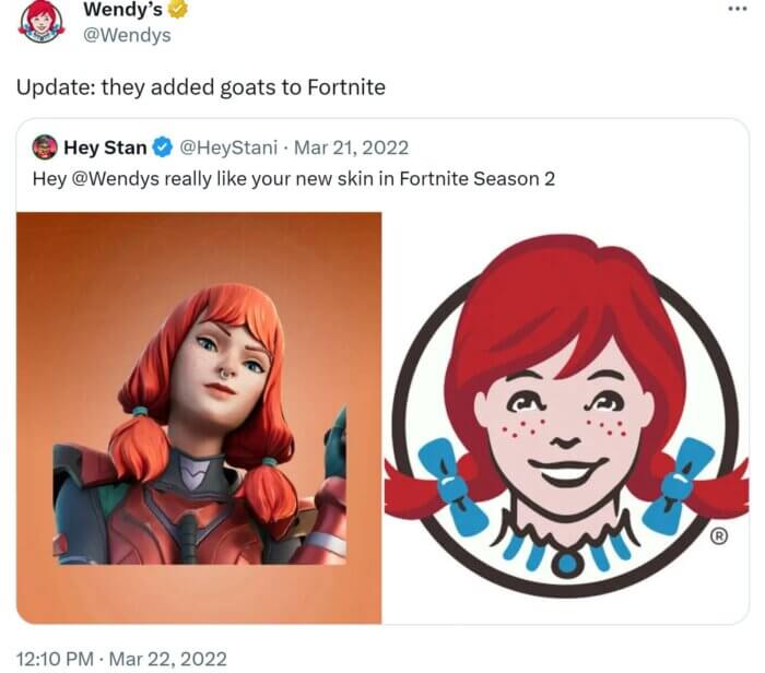 A side-by-side image of the Wendy's logo and the character from Fortnite with a striking resemblance to Wendy.
