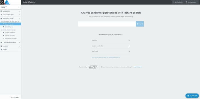 Enter the search time In Rival IQ's Instant feature to start analyzing all the social listening metrics you need. For the Coffee landscape, AI recommended searches start with Starbucks, Seattle's Best Coffee, and Philz Coffee.