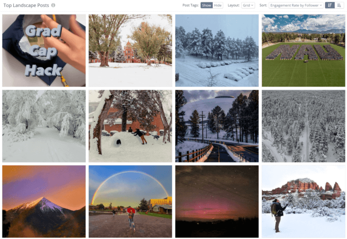 Rival IQ's grid-view of NAU's top posts with stunning campus shots