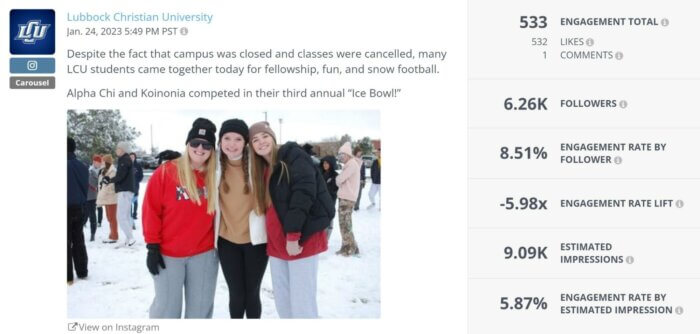 This post shows a thumbnail with Lubbock Christian University students hangin out together on campus on a snow day.