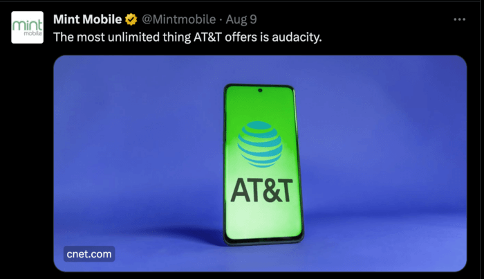 Mint Mobile's post accompanied with the caption, "The most unlimited thing AT&T offers is audacity".