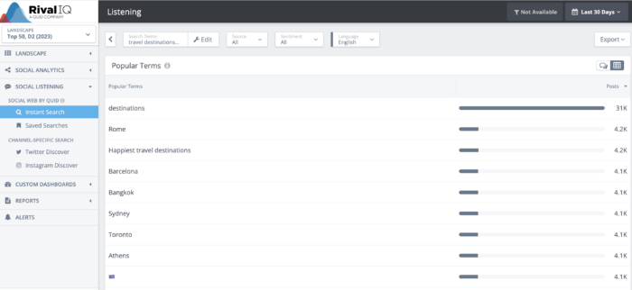 Popular terms panel for a particular search in Rival IQ displays the the popular term with the number of posts for each term.
