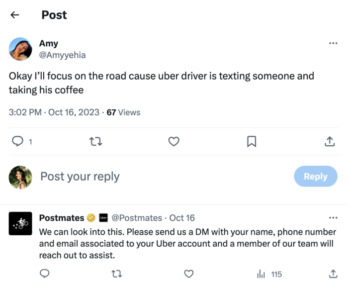 A Twitter interaction between Postmates and a customer demonstrates Postmates has a social listening strategy.