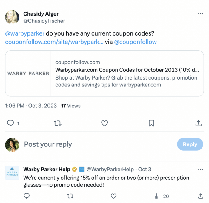 A customer service interaction between Warby Parker and a customer on Twitter. This conversation is an example of social media monitoring and social listening. 