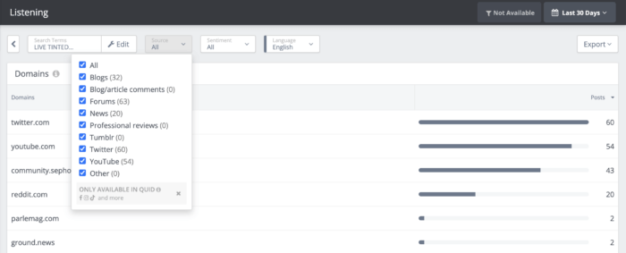 Rival IQ's social listening tool allows you to filter out different online sources when pulling data for your social listening strategy.